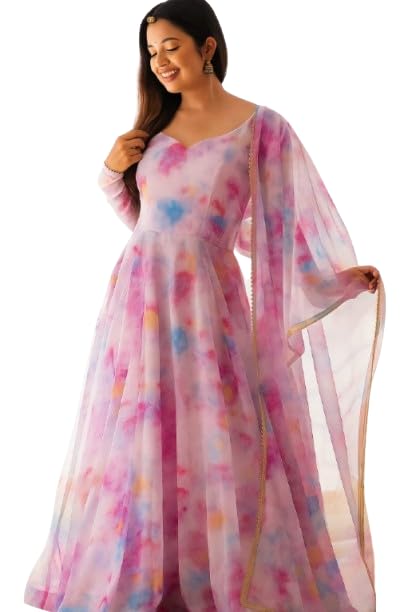 Elegant Pastel Multicolor Printed Anarkali Gown with Sheer Dupatta – Flowy Ethnic Women | Soft Organza Dress Festive Wedding Special Occasions-image-12