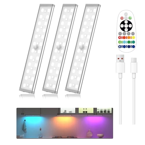 Hontafe Under Cabinet Lighting Wireless,58 LED Motion Sensor Light Indoor Night Lights with Remote,Rechargeable RGB Under Cabinet Lights Bar,Dimmable Under Counter Lighting for Kitchen,Shelf(3Pack) - image 1
