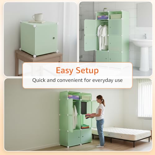 Image of Amazon Basics Plastic Modular Wardrobe Storage Cabinet for Home | 8 Cube Organizer with Doors | DIY Foldable Closet for Clothes, Toys & Essentials | Green with Stickers | 75 x 37 x 128 cm