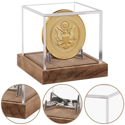 Image of Clear Acrylic Coin Display Case with Wood Base & Alloy Holder, Memorabilia Stand Cube Holder, Dust Protection Transparent Storage Box for Single Challenge Coin Souvenir Coin Collections