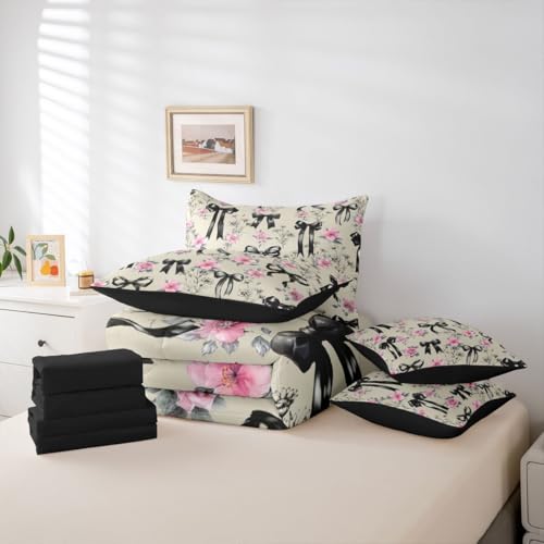 Image of Black Bow Tie 7 Piece Comforter Set Full Bed in a Bag | Boho Floral Pink Flowers Bedding Sets Princess Bow Comforter and Sheet Set, Girly Ribbon Bowknot Bed Sets,Cute Room Decor Aesthetic Kawaii