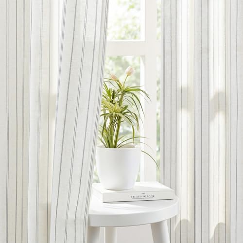 LuxeNook Grey Striped Linen Curtains Light Filtering Drapes 2 Panels 52x84