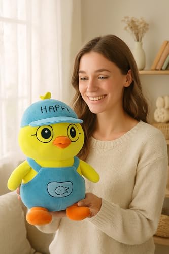 Image of Duck Plush Toy, Yellow with Blue Overalls, Glasses and Cap, Soft Stuffed Animal, 30 cm (Yellow Blue)