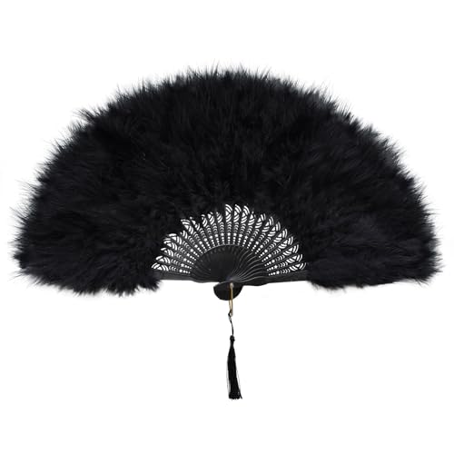 EOSAU Marabou Feather Fans Handheld, 1920s Vintage Gatsby Style Flapper Folding Hand Fan Foldable for Wedding Bridal Dancing Tea Party Costume Accessories Decoration (Black)