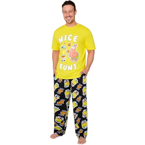 Spongebob Pyjama Homme et Ado Ensemble Pyjama avec T-Shirt Homme et Pantalon Long Vêtement de Nuit Cadeau Original (L, Jaune/Noir)