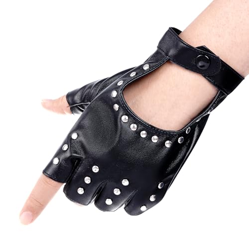 Haakong Black PU Faux Leather Gloves for Men Half Finger Gloves for Outdoor Sports Driving Cosplay Halloween Party