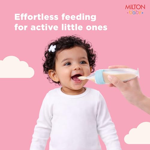 Image of Milton Baby Silicone Spoon Food Feeder I BPA Free-Food Grade I Anti-Spill Suction Base I Removable Strainer - Spill Proof Cap I Travel Friendly I for Cerelac, Puree and Semi Liquid Food I Sky Blue