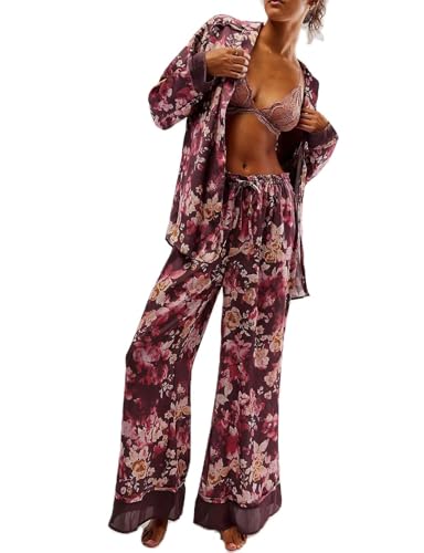 Image of Arssm Satin Pajama Set for Women Silk Pajamas Set 2 Piece Floral Pj Set Long Sleeve Button Down Pjs Sleepwear