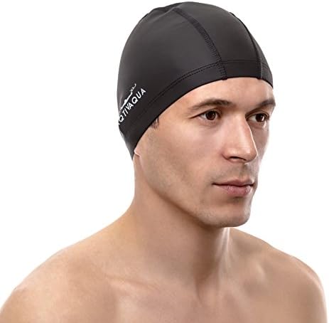 AqtivAqua Swim Cap Swimming Caps for Women Men Adult Kids Girls Boys Youth Hat (Black Color)