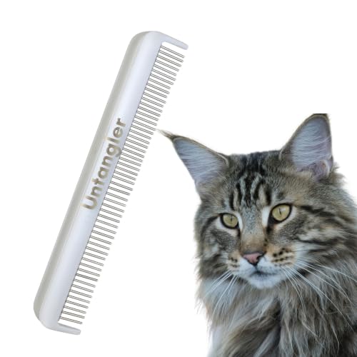 Image of Cat Comb - 7 inch Dual-Spaced with Silky Smooth Rotating Teeth (White Sheen), Stainless Steel, for Cat Hair and Fur