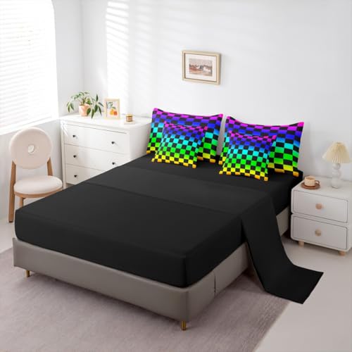 Image of Multicolored Checkered Retro Comforter Set With Sheets 7 Piece Queen Size Geometric Vintage Bed in a Bag Kids Boys Girls Colorful Bedding Set Modern Groovy Aesthetic Bedroom Decor Breathable Soft