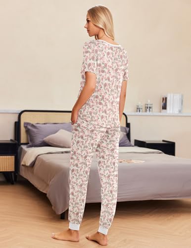 Image of Ekouaer Pajamas for Women Set 2 Piece Fall Lounge Sets Short Sleeve Pjs Joggers Long Pants Sleepwear with Pockets