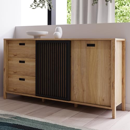 Forte JYTANA Sideboard 170 180, skandinavisches Sideboard mit 3 Schubladen und 2 Schranktüren, Holzwerkstoff, Mauvella Eich Holzdekor/Schwarz, 174,8 cm breit x 91,5 cm hoch x 40,2 cm tief
