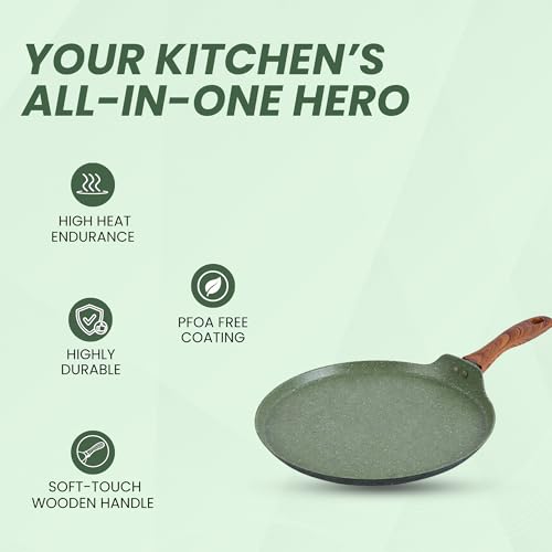Image of SALFORD Forged Non-Stick Tava | 26 cm | Gas & Induction Base | Non-Toxic PFOA Free Coating | 1Y Warranty | Roti, Dosa, Pancake, Chilla | Wooden Finish Handle | Moss Green