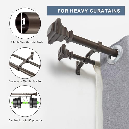 Double Curtain Rod, 1 inch Adjustable Heavy Duty Drapery Double Rod for Window 36 to 72 Inches (3-6 Feet), Vintage Square Finials,Premium Aluminum Brackets,Antique Bronze by YuMierle - Used condition - Image 3