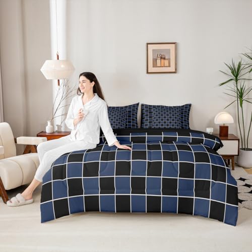 Image of Erosebridal Navy Blue Checkered Boys Full Bedding Black Blue Plaid Comforter Set with Sheets 7 Piece-for Kids Teen Men Bedroom Geometric Gingham Grids Bed in A Bag-Soft Lightweight for All Season