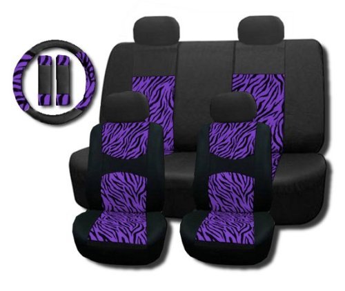Unique Imports New and Exclusive Mesh Animal Print Interior Set Purple Zebra 11pc Seat Covers Front & Back Lowback, Back Bench, Steering Wheel & Seat Belt Covers - Padded Comfort