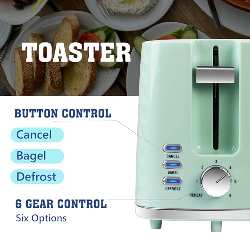 Image of Toaster 2 Slices, Toasters Wide Slot, Bread Toaster with Cancel, Bagel, Defrost Function, Bagel Toasters with Removable Tray & 6 Temperature Settings, Green