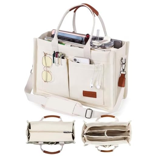 FIORETTO Canvas Tote Bag for Women with Zipper Closure & Individual Compartments for Work College, Crossbody Laptop Tote Purse Handbag with Detachable Strap & Bottom Support for Teacher & Nurse Beige