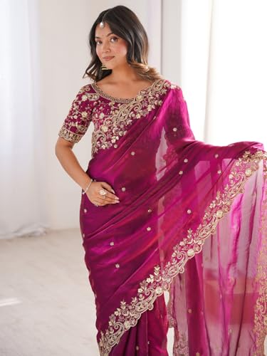 Image of AKHILAM Women's Shimmer Satin Sequence Embroidery Saree With Unstitched Blouse Piece(AARYAN21401 KR Parent)
