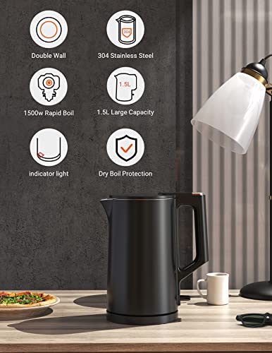 Electric Kettle, 304 Stainless Steel Interior, Bpa-Free, Double Wall 1.5L Hot Water Boiler, 1500W Tea Kettle With Auto Shut-Off & Boil Dry Protection, Cordless Base & Led Indicator #TOP1