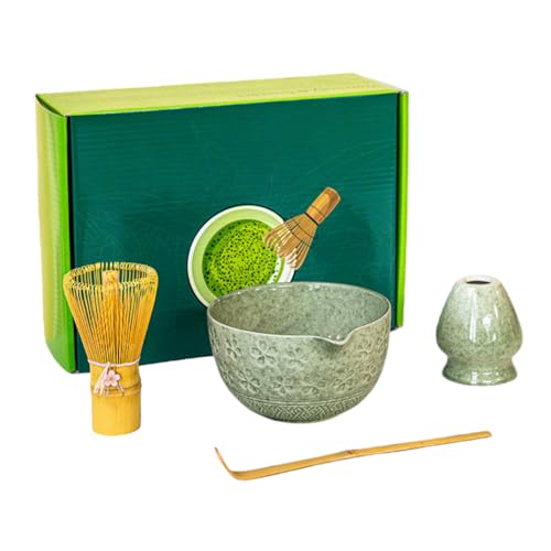 Vifxucy 茶道具 茶せん 茶筅 竹製 泡立て器 茶道 伝統的工芸品、セラミック抹茶セットには、 抹茶愛好家のための お手入れも簡単 敬老の日 父の日 母の日 クリスマス 新年 誕生日 ギフト プレゼント (抹茶色,4点セット)