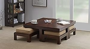 Woodkoof Solid Sheesham Wood Coffee Table with 4 Stool for Living Room, Cafe || Wooden Coffee Table || Finish Color - Brown Finish | Cushion - Cream |