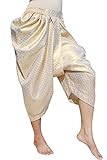 RaanPahMuang Sukhothai Traditional Mixed Fabric JonGrabaen Thai Pants, Large-X-Large, Silk - Gold White