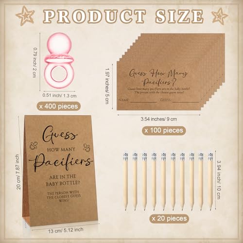 Image of Roowest 512 Pcs Baby Shower Games Guess How Many Pacifiers Sign 100 Small Guessing Games 10 HB Pencils 750ml Milk Bottle 400 Acrylic Pacifiers Decoration for Guest Gender Reveal(Pink,Kraft)