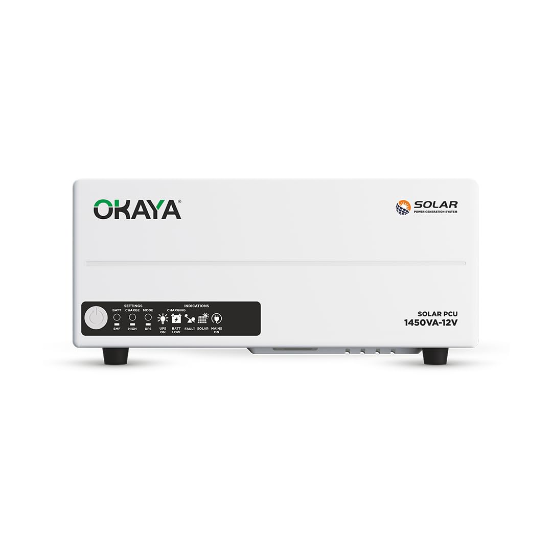 Okaya 1450VA 12V PWM Solar PCU | True Sine Wave Off-Grid Inverter with TwinCharge Technology | Faster Solar & Grid Charging | Perfect for Home, Office & Shops | Durable Design with 36-Month Warranty