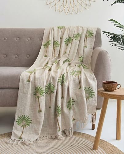 Image of Handwoven Cotton Sofa Throw Blanket with 2 pcs Cushion Covers Lightweight Decorative Couch & Bed Throw (Pack of 3, Green Palm Tree)