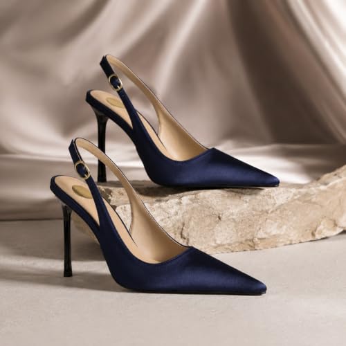 Image of Satin Slingback Pumps Women Floral Knot Pointed Toe Stiletto Heels | Slim stiletto heel, smooth satin upper, Floral accent, knot detail, pointed toe, dress pumps work, parties and wedding looks