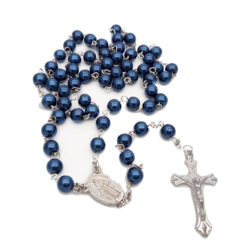 Chapelet en perles de verre bleu haut de gamme avec longue croix homme