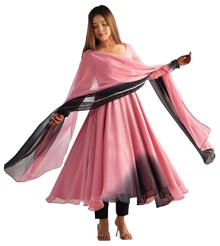 Image of GoSriKi Women's Georgette Anarkali Kurta Set with Dupatta | Elegant Pink Ethnic Dress | Flared Long Kurti for Festive