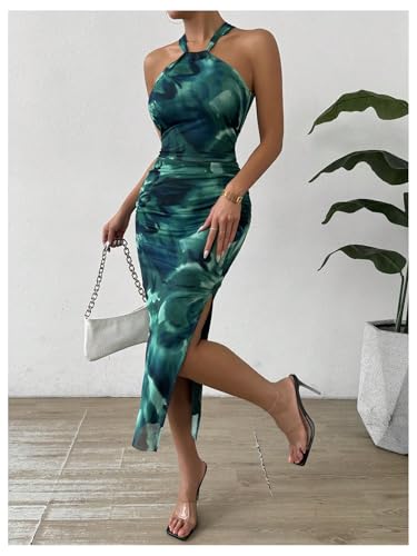Image of GORGLITTER Women's Floral Print Halter Midi Dress Summer Mesh Sleeveless Going Out Birthday Vacation Beach Sundresses