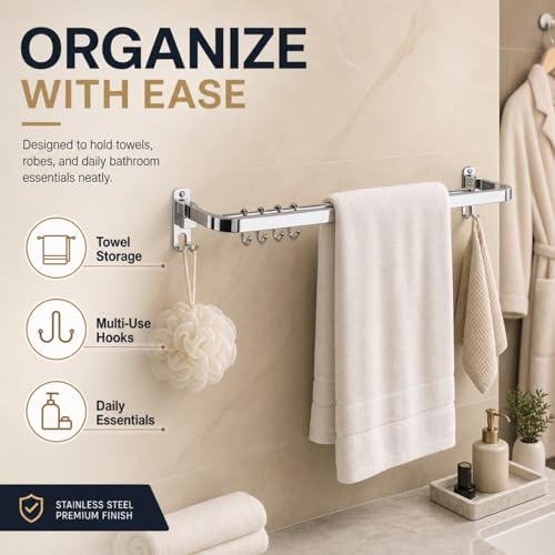 Image of Well Set Stainless Steel Towel Hanger for Bathroom /Dual Folding Towel Rack /Towel Stand /Bathroom Accessories (24-Inch) Chrome