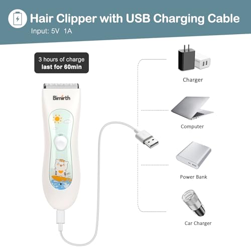 Bimirth Haarschneidemaschine Kinder, Leise Baby Haarschneider, USB Wiederaufladbare Wasserdicht Baby Haartrimmer mit 3 Führungskämme im Beutel zur Einfachen Aufbewahrung (With Bag)