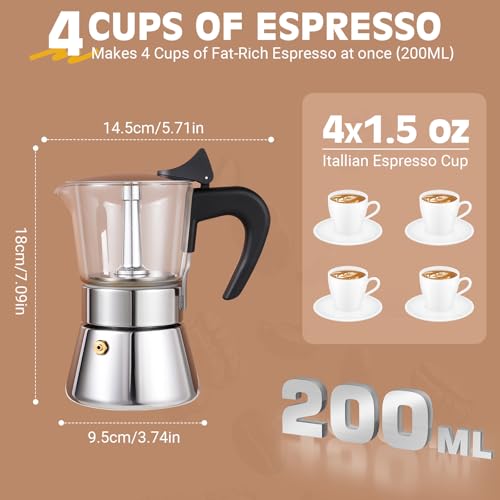 Image of Induction Moka Pot, 4 Cups (7.1 oz) Crystal Glass-Top & Stainless Steel Moka Pot, Classic Stovetop Espresso Maker, Silver