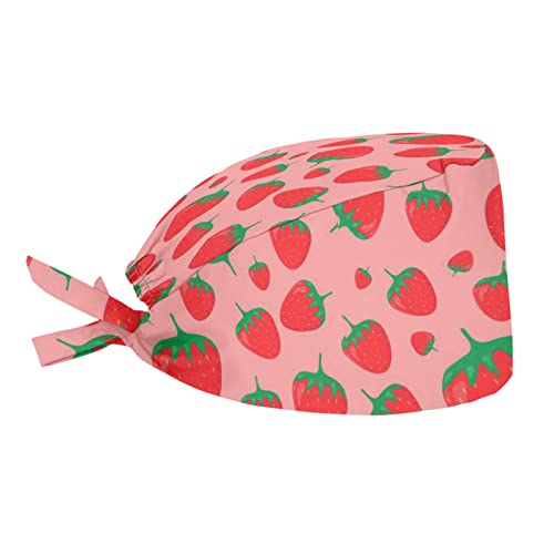 Red Strawberry on Pink Background Print Scrub Hat with Sweatband Adjustable Tie Back for Women Teens Girl, One Size, Washable Shower Hat Bathing Hats Comfortable Breathable Gourd-Shaped Caps