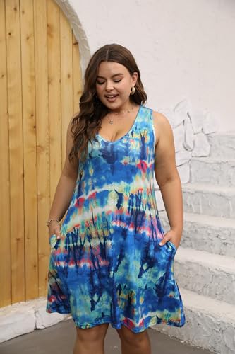 Image of Women Plus Size V Neck Sleeveless Floral Print Pocket T Shirt Dresses Casual Midi Tank Dress Beach Cover up Sundress (XL-5X)