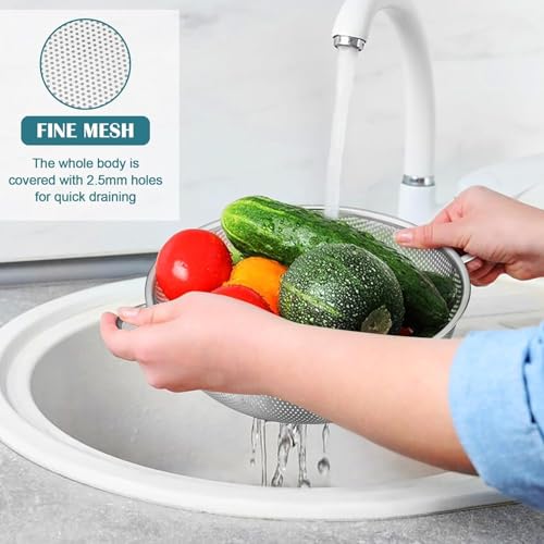Image of KRESHU 22.5cm Stainless Steel Rice Washing Colander Strainer with Handle Micro-Perforated Strainer for Clean & Drain Vegetable /Fruit /Pasta /Rice Dishwasher Safe Washing Bowl (Pack of 1)