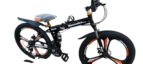 Image of Amaze Kai Dual Suspension Bikes Bm Foldable Gear Cycle for Men with 21 Speed Gear 6 Spoke | Folding Mountain Bike with Double Disc Break & Mac Wheel, 26 Inch, White N Black (Black-Orange)