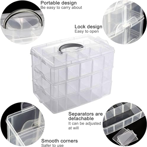 Image of RECLUSE Transparent 3-layer Stackable Craft Storage Containers, Plastic Craft Box Organizer With 30 Adjustable Compartments &Handles, Portable Beads Organizers for Arts Crafts, Toy,Jewellery,tools
