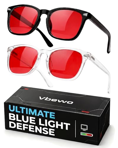 Vbewo 2 Packs Professional Sleep Glasses with 99.9% Blue Light Blocking Dual AR Coatings Red Lens...