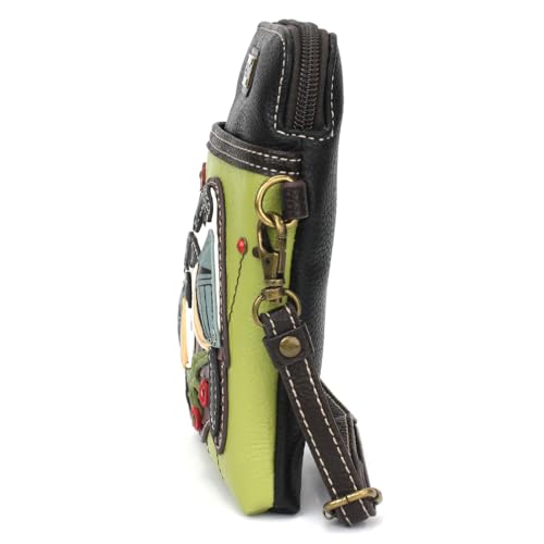 Image of CHALA Bird Collection Cell Phone Crossbody Purse-Women PU Leather /Canvas Multicolor Handbag with Adjustable Strap - Chickadee - green