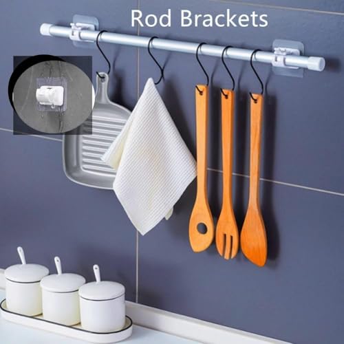 Image of 4 Pack Self Adhesive Curtain Rod Brackets White No Drill Curtain Rod Holder Hooks Heavy Duty Wall Mount Rod Supports for Home Bathroom Hotel Bedroom Window Curtains Without Screws or Drilling