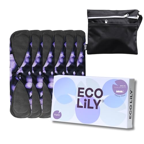 Eco Lily Compresas Reutilizables, 6 Pcs, Compresas Postparto, Salvaslips lavables para Bragas Menstruales, Flujo Abundante, 1 Bolsas de Almacenamiento