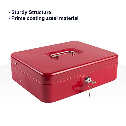 Image of KYODOLED Locking Cash Box with Lock,Money Box with Cash Tray,Lock Safe Box with Key,Money Saving Organizer,11.81Lx 9.45Wx 3.54H Inches,Red XL Large