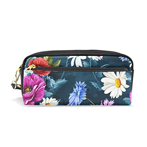 Preisvergleich Produktbild KKLDOGS Federmäppchen mit Mohnblumen, Kamille, Leder, Make-up-Tasche, Schreibwaren, Stifttasche, Reise, kleine Kosmetiktasche