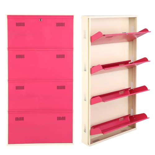 Image of Metal Shoe Rack Wall Mounted for Home with Central Locking 4 Door 28 inch Wall Mounted Metal 12 Pair Shoe Rack Cabinet Pre-Assembled Rack Shelves 3 Year Warranty (Pink & Ivory)